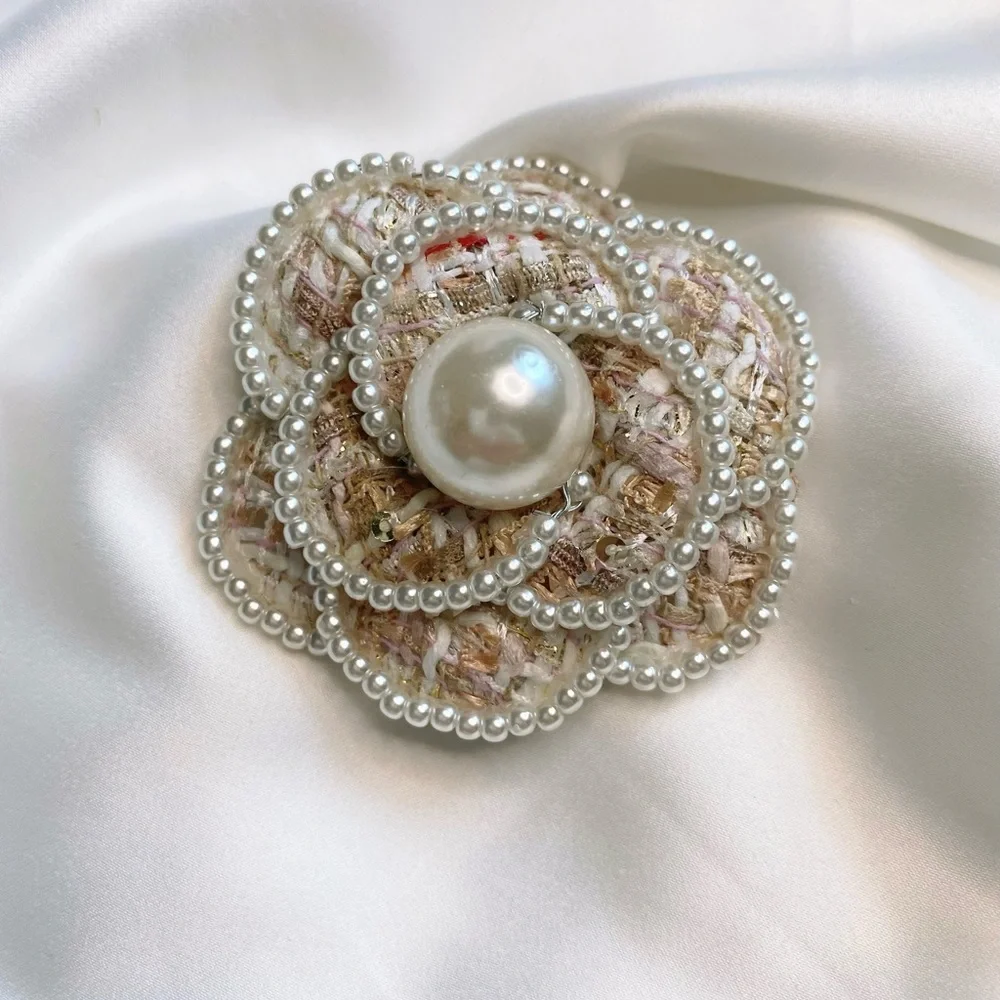 Camellia Flower Brooch Pin Scarf Clip beige pink New Handmade 2.5” x 2.5” tweed